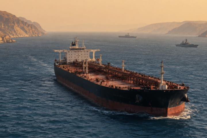 Large crude oil tanker sailing through a narrow Middle Eastern maritime corridor with rugged desert coastlines and distant patrol vessels.