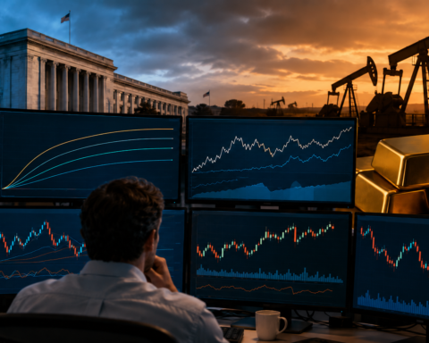 Financial analyst monitors bond and stock market charts as the U.S. Treasury, oil pumpjacks, and gold bars symbolize interest-rate, inflation, and commodity-market pressures.