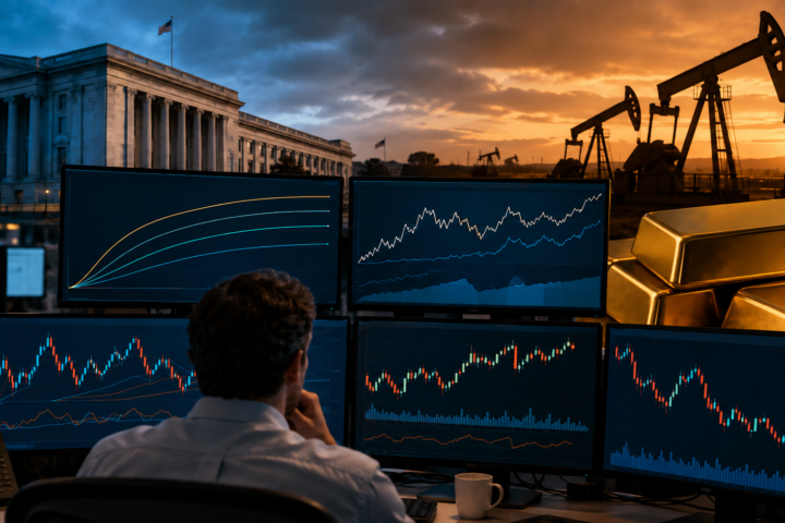 Financial analyst monitors bond and stock market charts as the U.S. Treasury, oil pumpjacks, and gold bars symbolize interest-rate, inflation, and commodity-market pressures.