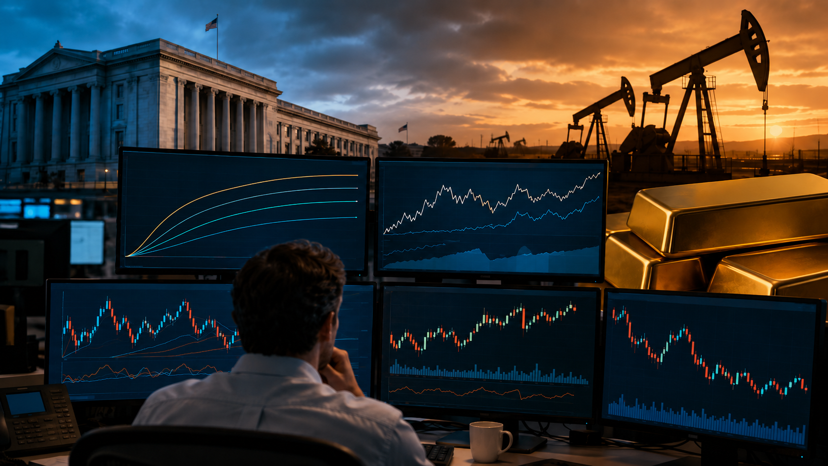 Financial analyst monitors bond and stock market charts as the U.S. Treasury, oil pumpjacks, and gold bars symbolize interest-rate, inflation, and commodity-market pressures.