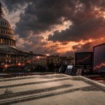 U.S. Capitol at dusk beside financial trading screens showing sharply rising bond-market yields, with Treasury-style securities in the foreground.