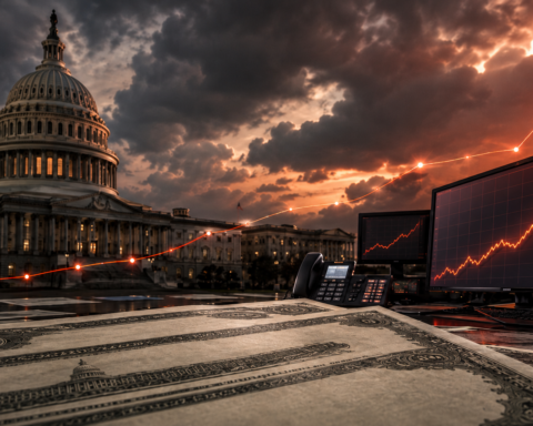 U.S. Capitol at dusk beside financial trading screens showing sharply rising bond-market yields, with Treasury-style securities in the foreground.