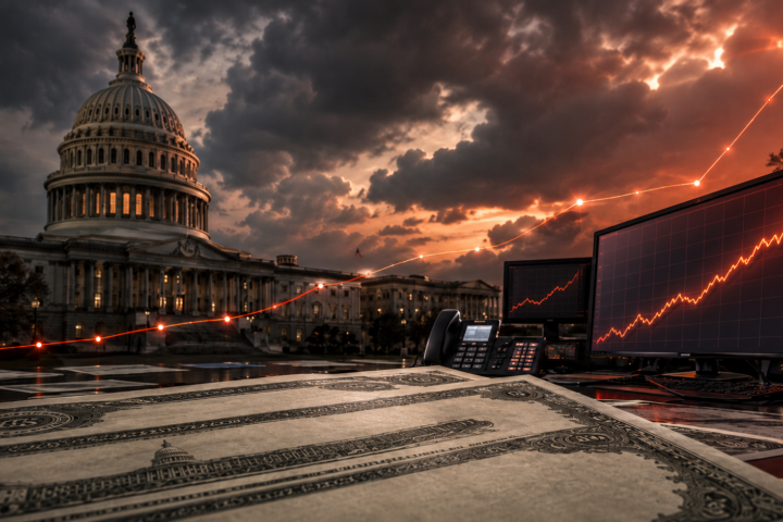 U.S. Capitol at dusk beside financial trading screens showing sharply rising bond-market yields, with Treasury-style securities in the foreground.