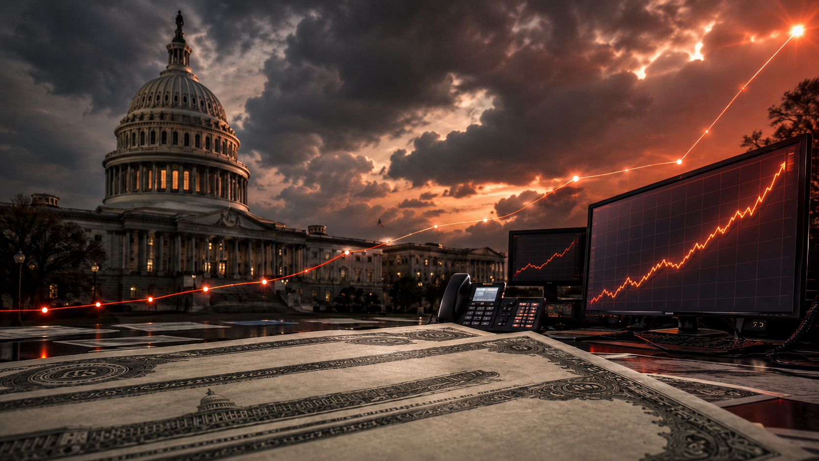 U.S. Capitol at dusk beside financial trading screens showing sharply rising bond-market yields, with Treasury-style securities in the foreground.