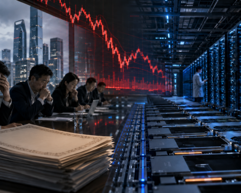 Business executives sit beside rows of AI servers as a falling red market chart reflects investor concern over Alibaba’s expanding artificial-intelligence spending.