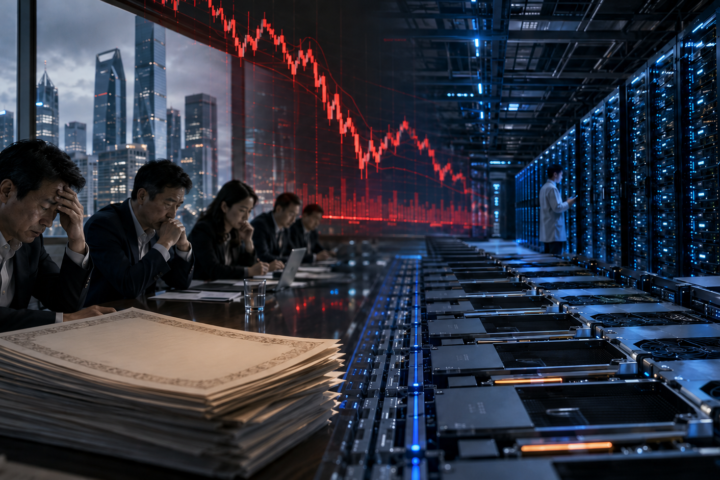Business executives sit beside rows of AI servers as a falling red market chart reflects investor concern over Alibaba’s expanding artificial-intelligence spending.