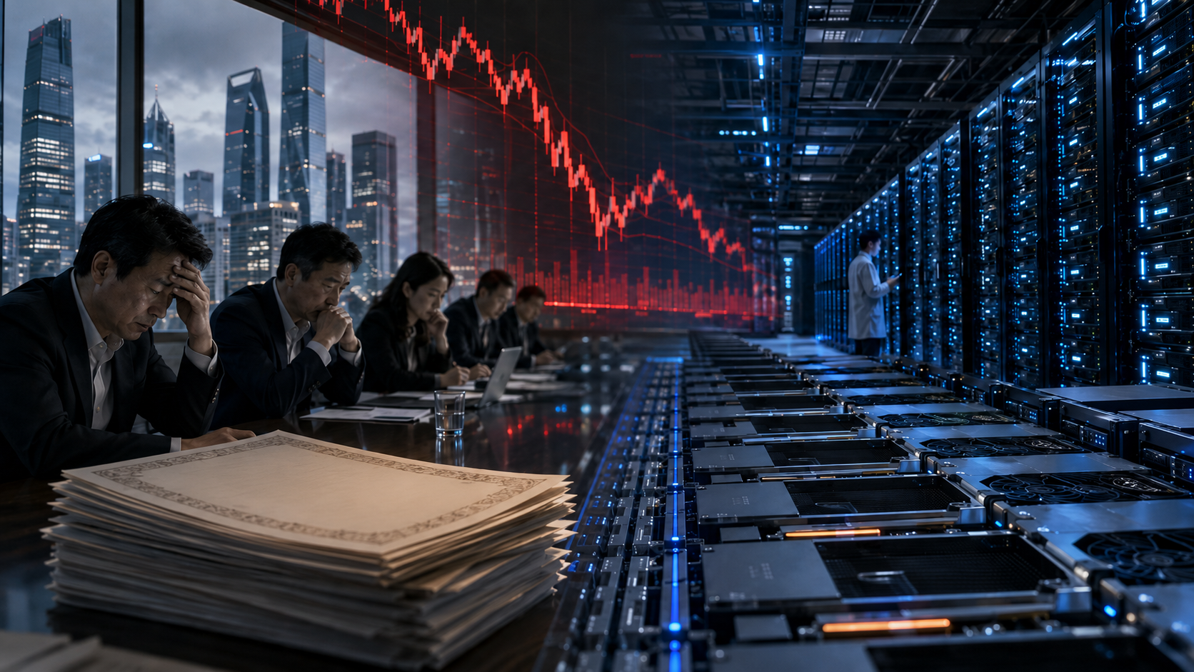 Business executives sit beside rows of AI servers as a falling red market chart reflects investor concern over Alibaba’s expanding artificial-intelligence spending.