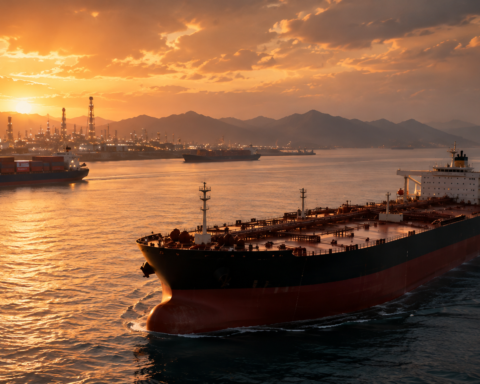 Large oil tanker sailing near an industrial port at sunset as cargo ships move through a strategic shipping route.