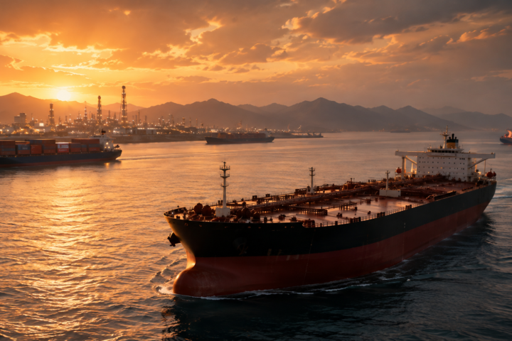 Large oil tanker sailing near an industrial port at sunset as cargo ships move through a strategic shipping route.