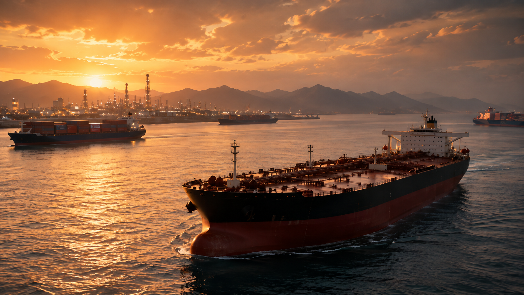 Large oil tanker sailing near an industrial port at sunset as cargo ships move through a strategic shipping route.