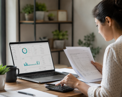 Business professional reviewing financial reports beside a laptop displaying accounting and analytics dashboards.