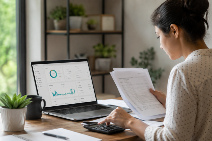 Business professional reviewing financial reports beside a laptop displaying accounting and analytics dashboards.