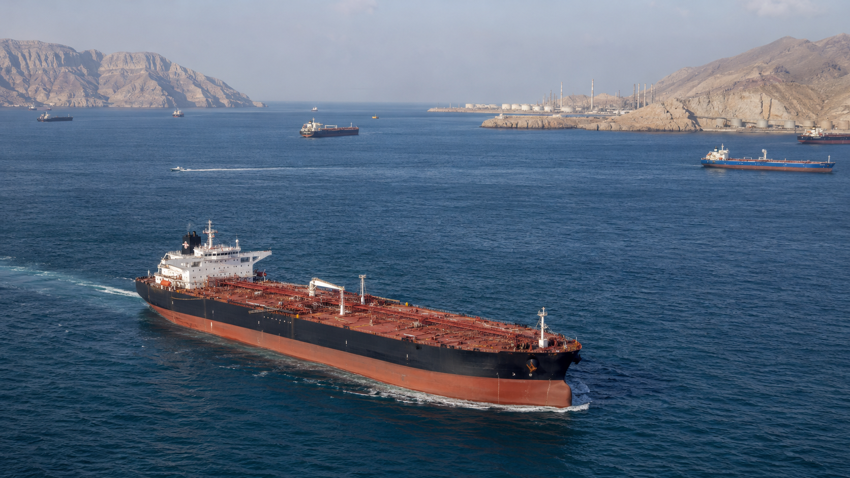 Large crude oil tanker sailing through the Strait of Hormuz with other vessels, rugged Gulf coastline and oil infrastructure in the background.