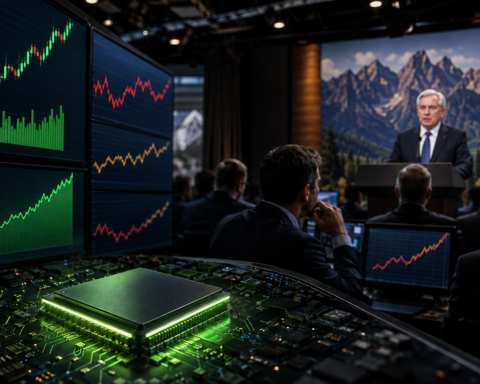 Financial trading screens and an AI semiconductor chip as investors watch a Federal Reserve policy speech amid rising technology stocks and elevated Treasury yields.