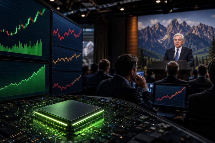 Financial trading screens and an AI semiconductor chip as investors watch a Federal Reserve policy speech amid rising technology stocks and elevated Treasury yields.