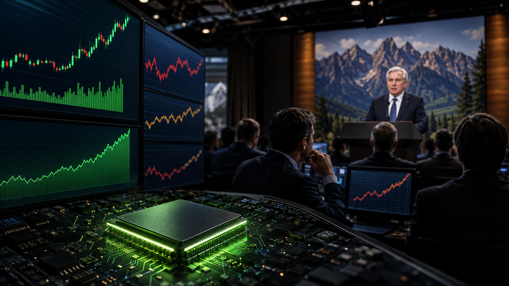 Financial trading screens and an AI semiconductor chip as investors watch a Federal Reserve policy speech amid rising technology stocks and elevated Treasury yields.