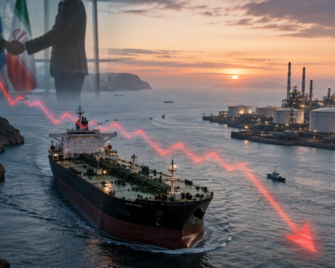 Oil tanker passing a refinery-lined shipping channel with a falling red market arrow and diplomats shaking hands in the background.