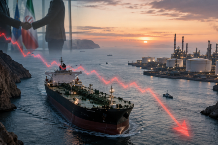 Oil tanker passing a refinery-lined shipping channel with a falling red market arrow and diplomats shaking hands in the background.