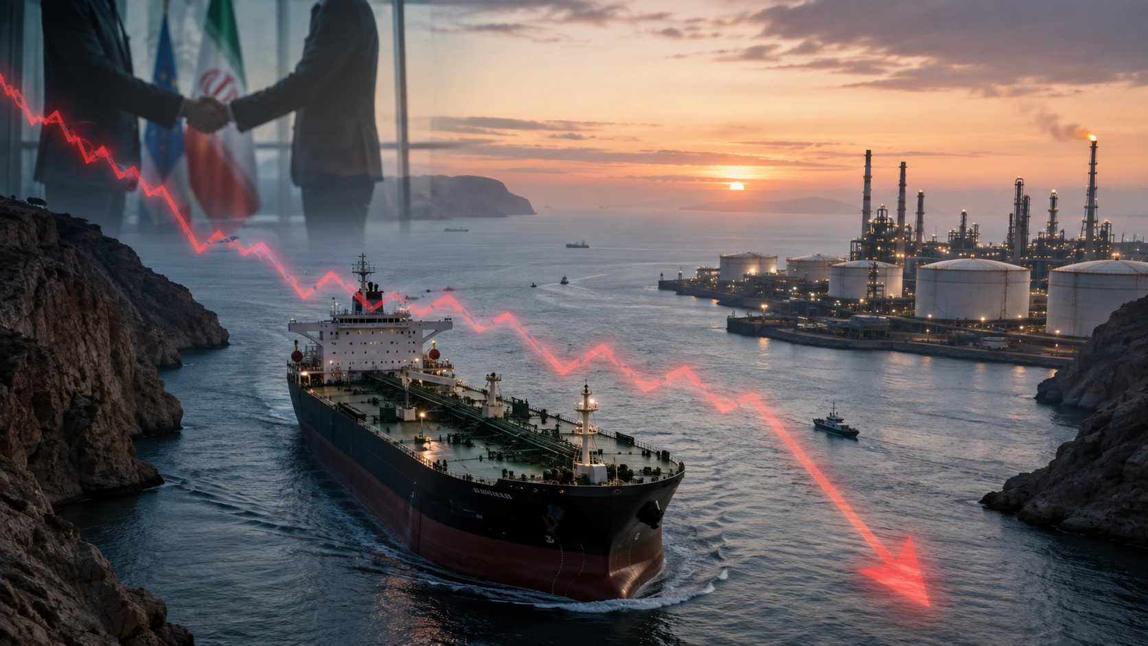 Oil tanker passing a refinery-lined shipping channel with a falling red market arrow and diplomats shaking hands in the background.