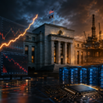 Federal Reserve building framed by financial market charts, AI data-center servers, computer chips and oil infrastructure, symbolizing higher interest rates, inflation and changing equity valuations.