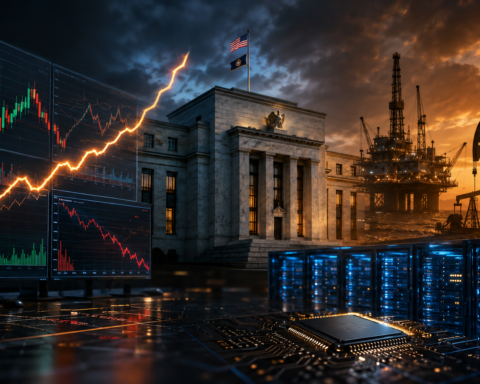 Federal Reserve building framed by financial market charts, AI data-center servers, computer chips and oil infrastructure, symbolizing higher interest rates, inflation and changing equity valuations.