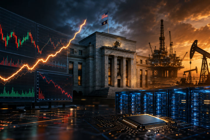 Federal Reserve building framed by financial market charts, AI data-center servers, computer chips and oil infrastructure, symbolizing higher interest rates, inflation and changing equity valuations.