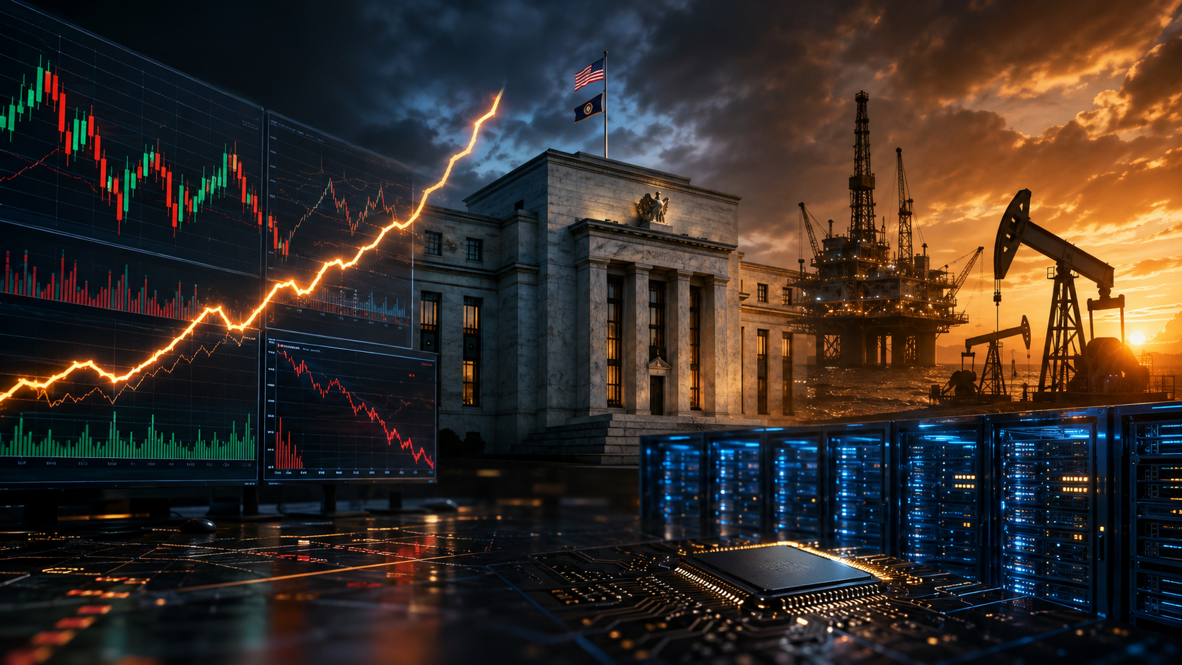 Federal Reserve building framed by financial market charts, AI data-center servers, computer chips and oil infrastructure, symbolizing higher interest rates, inflation and changing equity valuations.