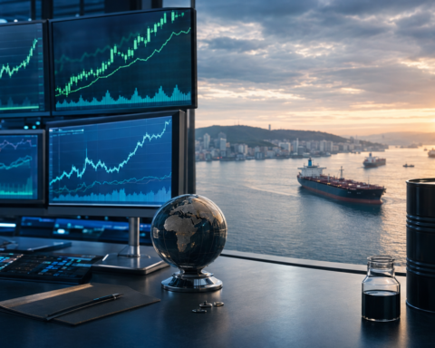 Rising market charts beside an oil barrel overlooking tankers in a global harbor at sunrise.