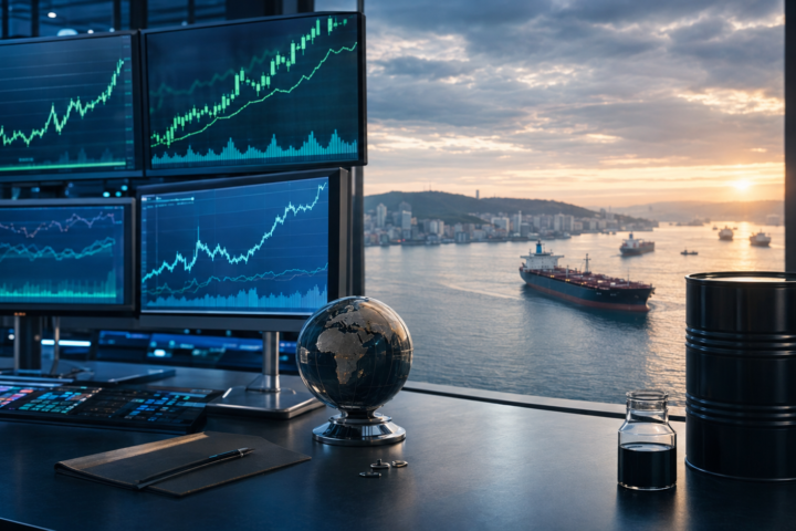 Rising market charts beside an oil barrel overlooking tankers in a global harbor at sunrise.