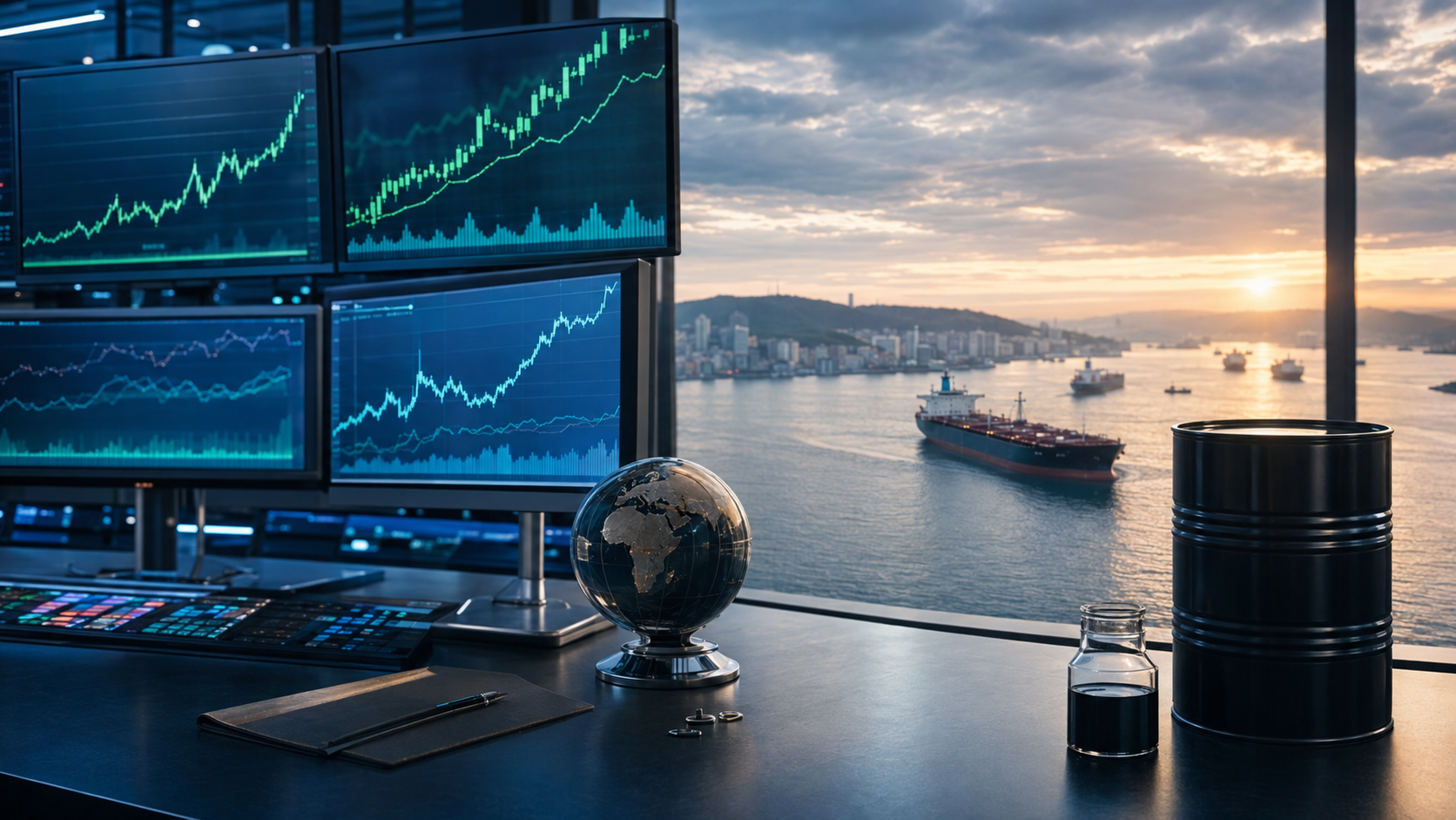 Rising market charts beside an oil barrel overlooking tankers in a global harbor at sunrise.