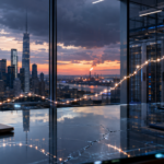 A rising market graph glows across a Wall Street office overlooking data-center servers, an oil refinery and gathering storm clouds.