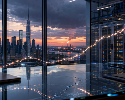 A rising market graph glows across a Wall Street office overlooking data-center servers, an oil refinery and gathering storm clouds.