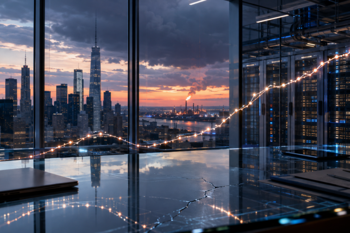 A rising market graph glows across a Wall Street office overlooking data-center servers, an oil refinery and gathering storm clouds.