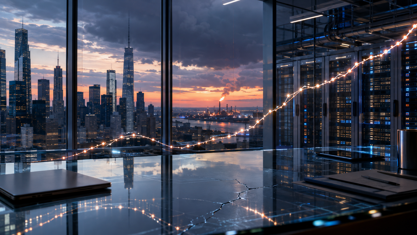 A rising market graph glows across a Wall Street office overlooking data-center servers, an oil refinery and gathering storm clouds.