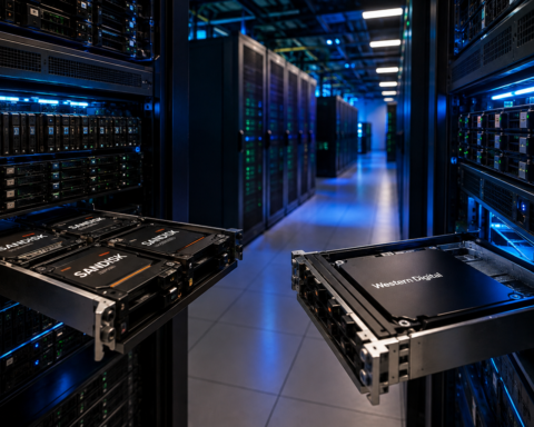 Unbranded storage servers in a blue-lit data center with a glowing red market line descending across the aisle.
