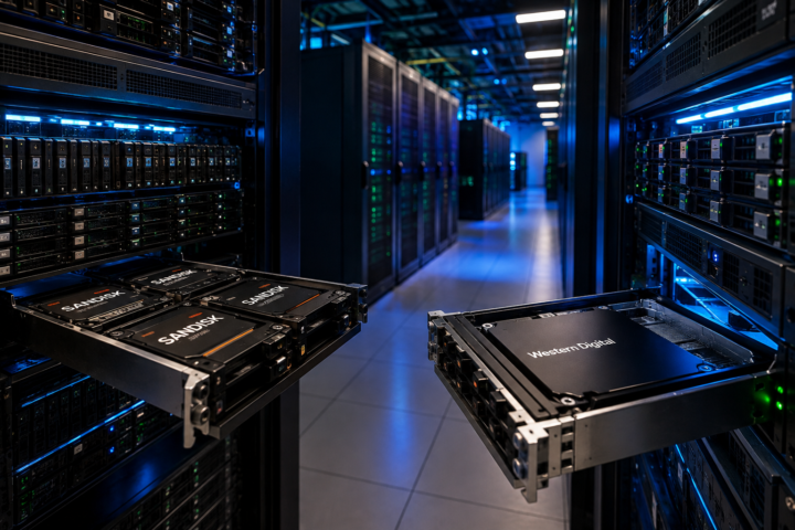 Unbranded storage servers in a blue-lit data center with a glowing red market line descending across the aisle.