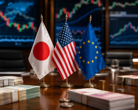 Japanese, U.S., and European Union flags displayed on a financial conference table with currency bundles, coins, and market charts in the background.