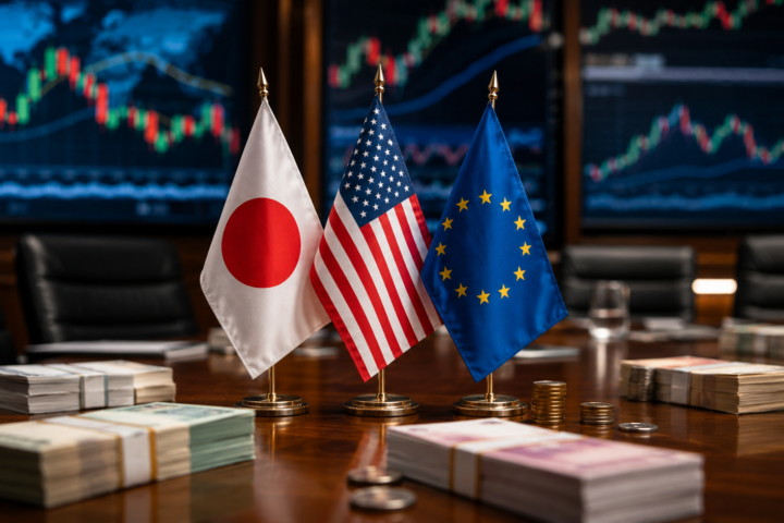 Japanese, U.S., and European Union flags displayed on a financial conference table with currency bundles, coins, and market charts in the background.
