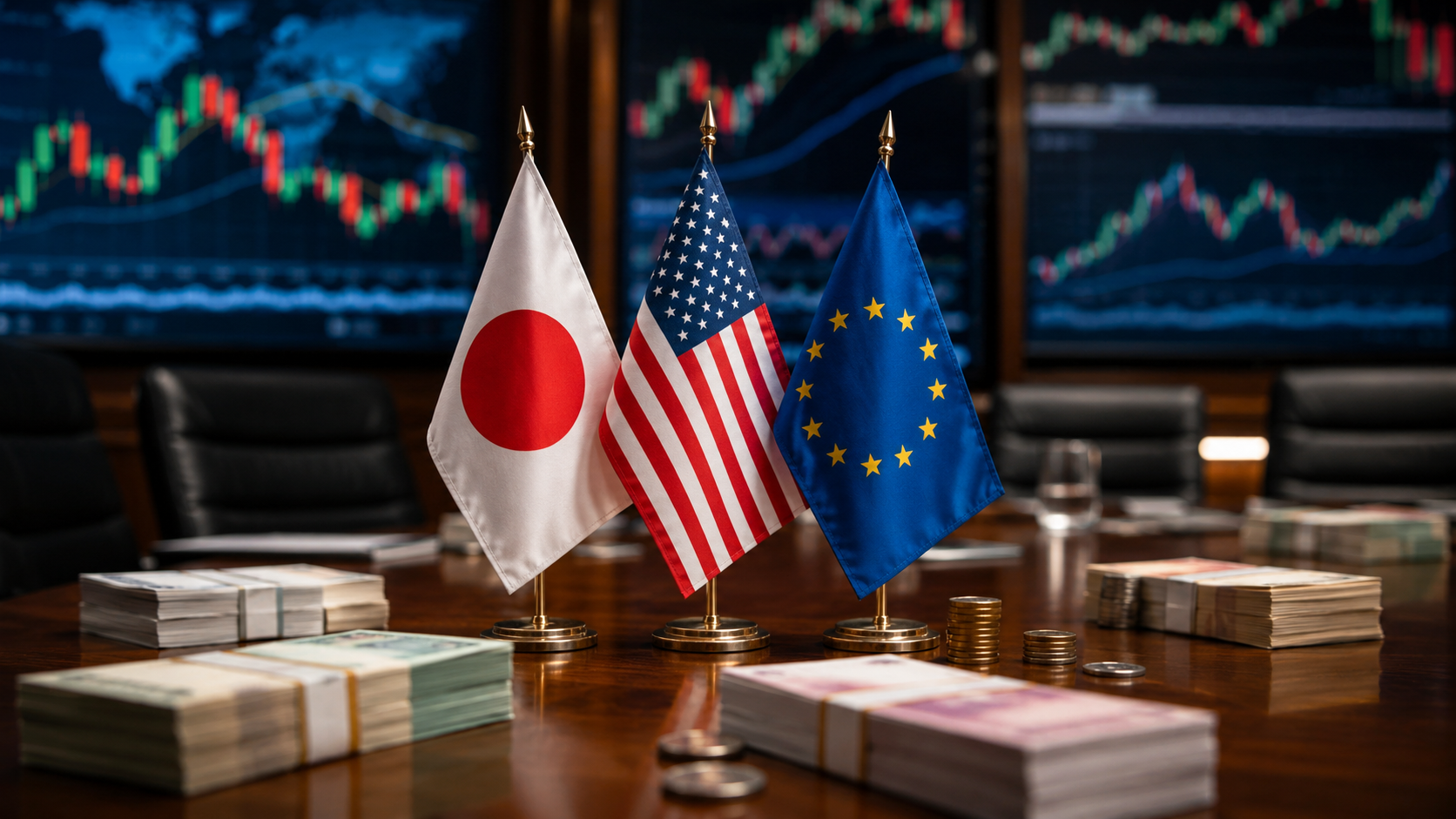 Japanese, U.S., and European Union flags displayed on a financial conference table with currency bundles, coins, and market charts in the background.