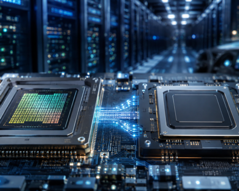 Two advanced semiconductor chips connected by glowing high-speed circuitry inside a modern AI data center.