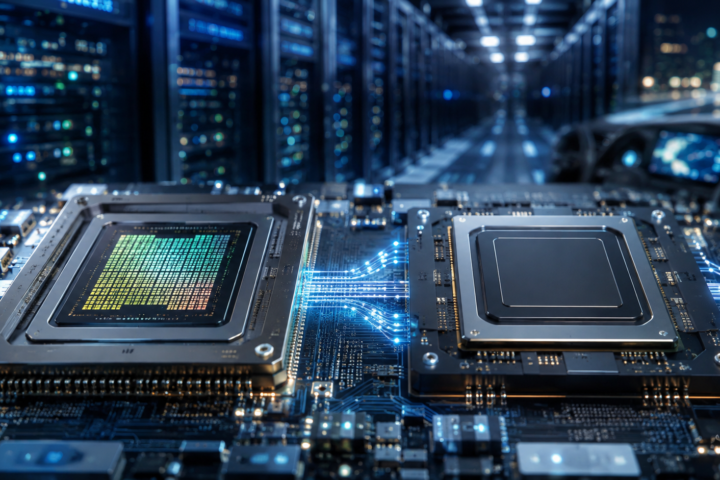 Two advanced semiconductor chips connected by glowing high-speed circuitry inside a modern AI data center.