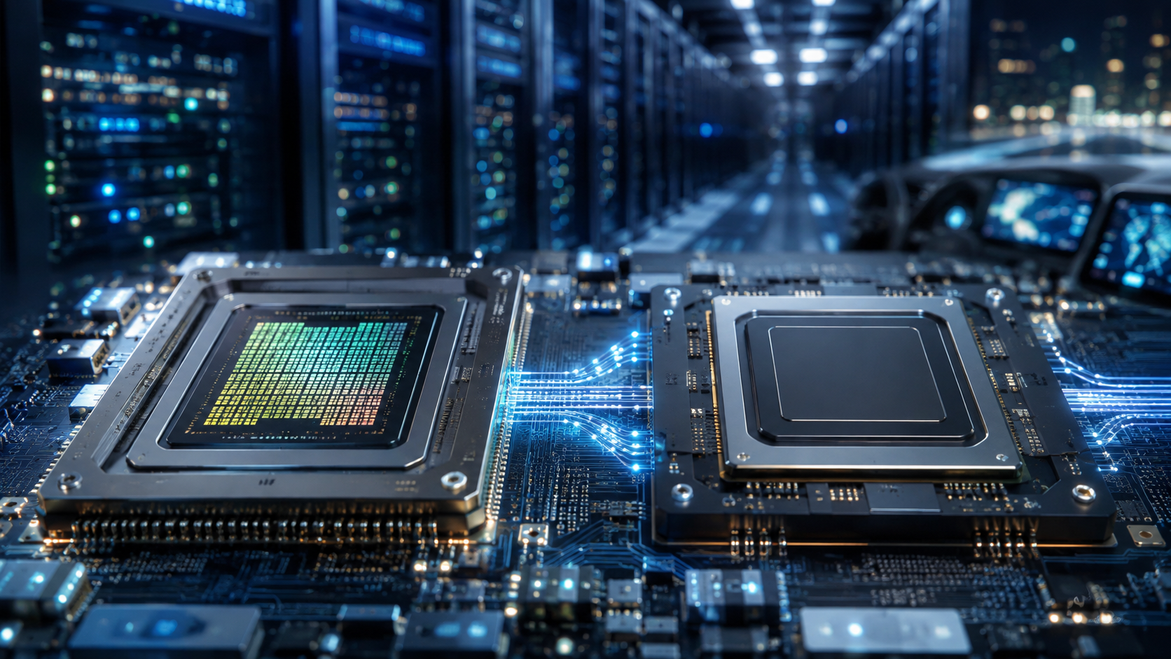 Two advanced semiconductor chips connected by glowing high-speed circuitry inside a modern AI data center.