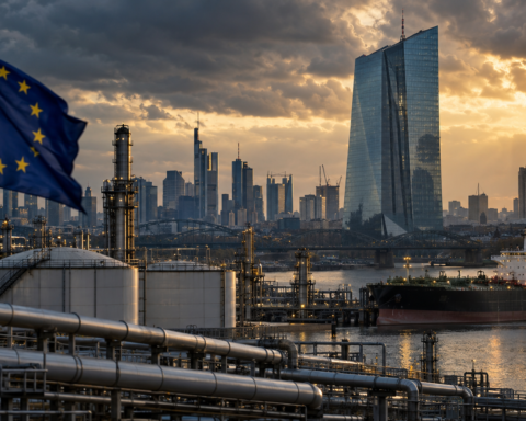 European Union flag overlooking an oil refinery, tanker, and Frankfurt skyline near the European Central Bank at sunset.