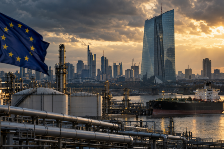 European Union flag overlooking an oil refinery, tanker, and Frankfurt skyline near the European Central Bank at sunset.
