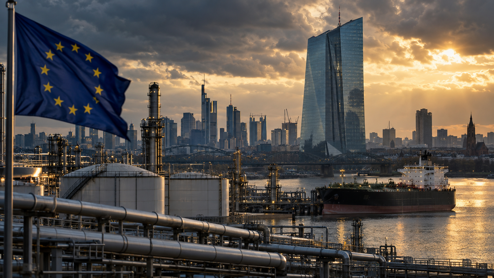 European Union flag overlooking an oil refinery, tanker, and Frankfurt skyline near the European Central Bank at sunset.