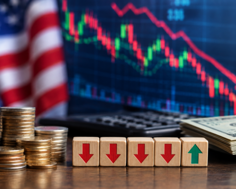 Photorealistic financial market scene showing falling stock charts, U.S. currency, stacked coins and market-direction indicators.