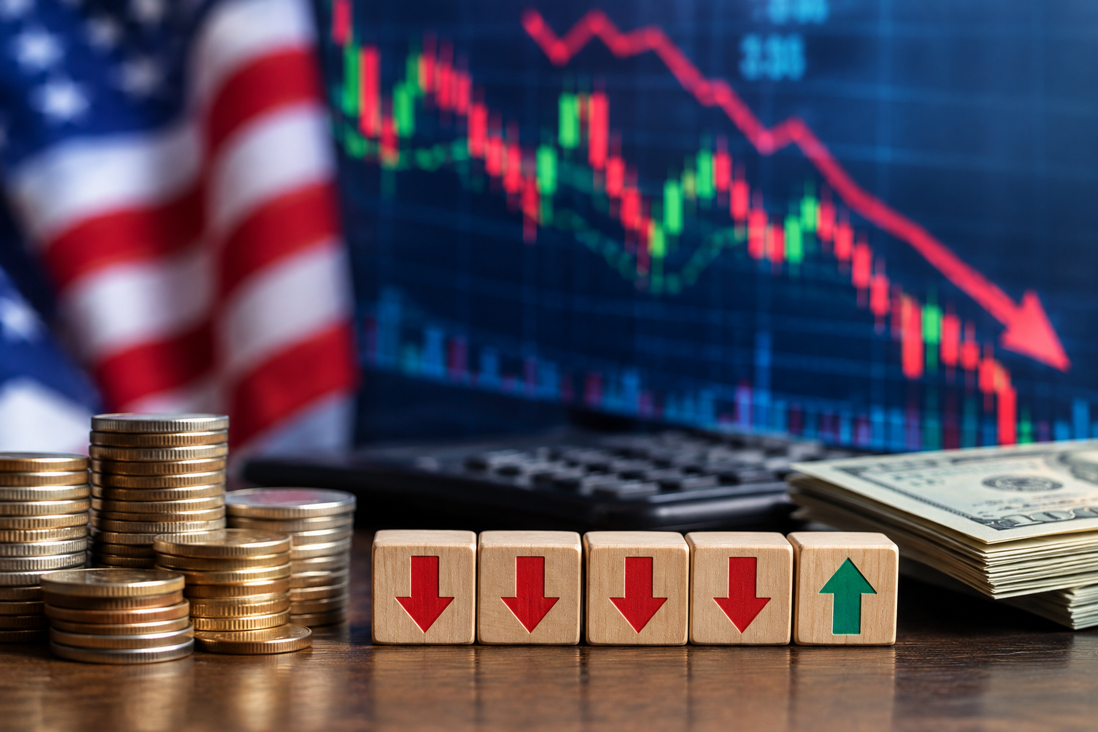 Photorealistic financial market scene showing falling stock charts, U.S. currency, stacked coins and market-direction indicators.