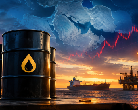 Photorealistic oil barrels, an offshore drilling platform, and an oil tanker against a dramatic sunset, symbolizing rising crude prices and global energy supply risks.