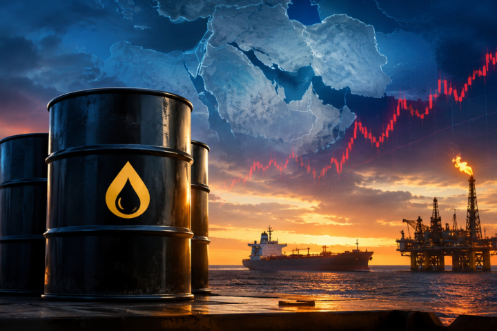 Photorealistic oil barrels, an offshore drilling platform, and an oil tanker against a dramatic sunset, symbolizing rising crude prices and global energy supply risks.