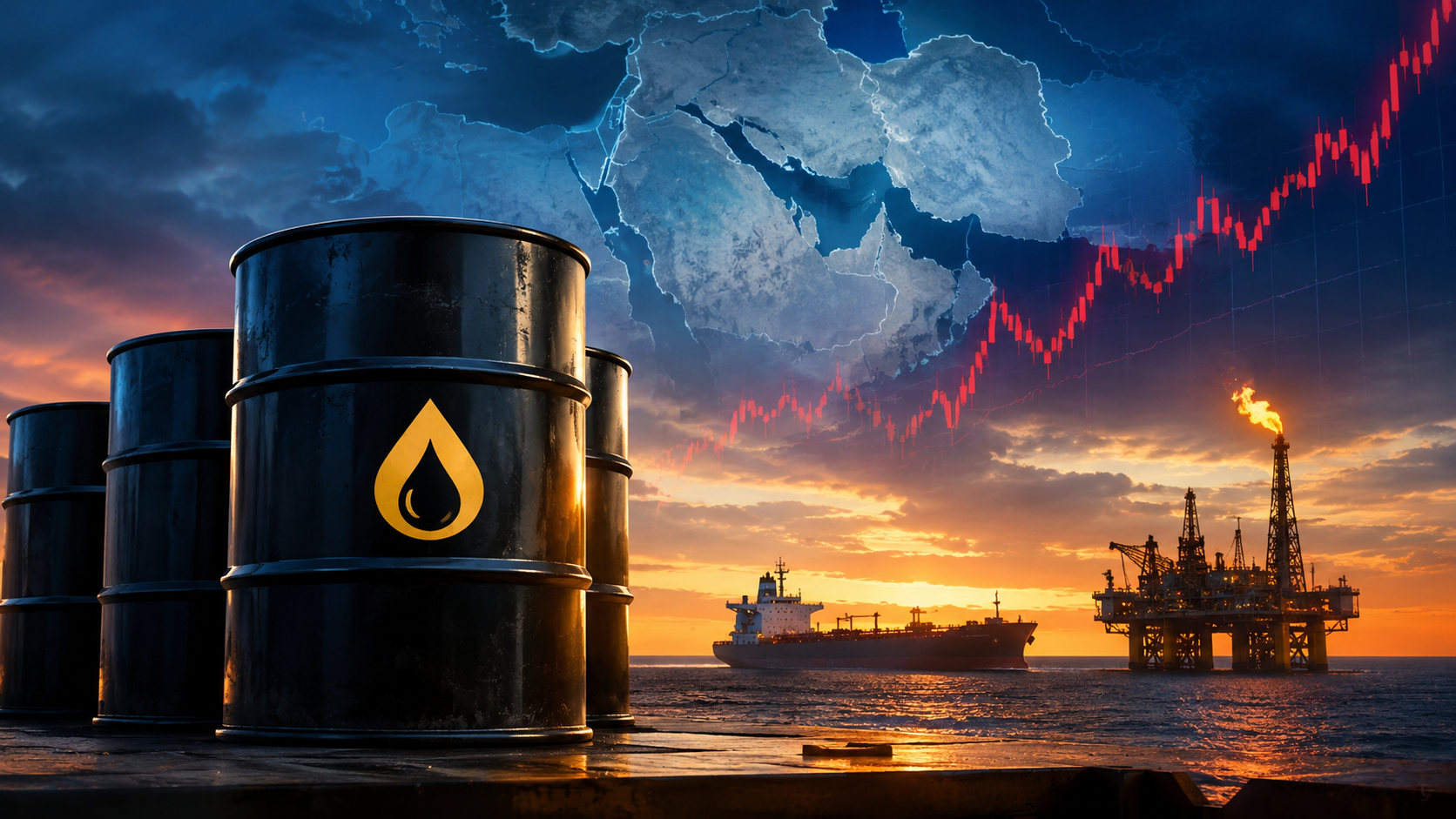 Photorealistic oil barrels, an offshore drilling platform, and an oil tanker against a dramatic sunset, symbolizing rising crude prices and global energy supply risks.